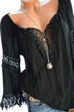 Purpdrank - Large Size Women Openwork Lace Long-Sleeved Blouse Solid Color Large V-Neck Casual Tops