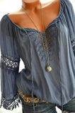 Purpdrank - Large Size Women Openwork Lace Long-Sleeved Blouse Solid Color Large V-Neck Casual Tops