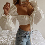 Purpdrank - White Balloon Sleeve Elegant Women Top and Blouse Shirts Autumn Sexy Backless Crop Tops Solid Fashion Blusas