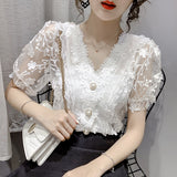 Purpdrank - Lace Tops Women Pearls V-neck Chiffon Short Sleeve Shirt flower Blouse Printed Floral Transparent Women Sexy Crop Top Blouses