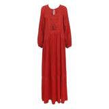 Purpdrank - Spring Autumn Cotton Retro Embroidery Ethnic Red Dress V-Neck Long Skirt Grassland Desert Seaside Vacation Long-Sleeved Dress