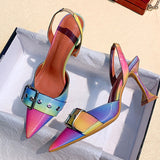 Purpdrank - Big Size 35-42 Rainbow Colorful Patent Leather Women Sandals Elegant Pointed Toe Buckle High Heels Wedding Shoes Slingback Pumps
