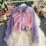 Purpdrank - 2023 Spring Summer New Fashion Striped Shirt Women's Ruffled Loose Thin Long Sleeve Shirt Tops  Blouse