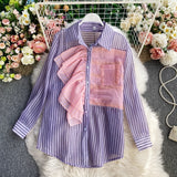 Purpdrank - 2023 Spring Summer New Fashion Striped Shirt Women's Ruffled Loose Thin Long Sleeve Shirt Tops  Blouse