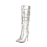 Purpdrank - Silver gold knee high boots women pleated pointed toe thin high heels dres party shoes autumn winter long boots woman