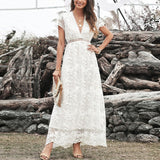 Purpdrank - Summer Boho Women Maxi Dress Embroidery Short Sleeve Vocation Sexy White Lace Tunic Long Beach Dress
