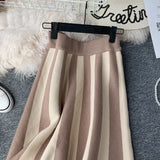 Purpdrank - Women's Knit Skirt Striped Color Blocked Autumn High Waist elastic A-line Big Swing Skirts Japan Harajuku Female Falda