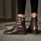 Purpdrank - winter new full leather low-heeled women's boots retro fashion all-match essential women's short boots pointed ankle boots