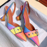 Purpdrank - Big Size 35-42 Rainbow Colorful Patent Leather Women Sandals Elegant Pointed Toe Buckle High Heels Wedding Shoes Slingback Pumps