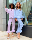 Purpdrank - Trendy Women Pajamas Set Autumn Casual Lapel Tops + Feather Pants Suits Sexy Lingerie Nightwear Silk Satin Pyjamas pjs Suit 2Pcs