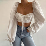 Purpdrank - White Balloon Sleeve Elegant Women Top and Blouse Shirts Autumn Sexy Backless Crop Tops Solid Fashion Blusas