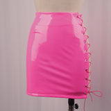 Purpdrank - Sexy Club Female Mini Pencil Skirt Women High Waist Lace Up Neon Green Orange Solid Bodycon Hollow Out Bandage Skirts