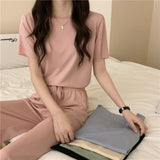 Purpdrank - Summer Suit for Women French Solid Color Ice Silk Sleepwear Pajamas Two Piece Set Home Wear Nightwear Comfortable Pyjamas