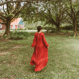 Purpdrank - Spring Autumn Cotton Retro Embroidery Ethnic Red Dress V-Neck Long Skirt Grassland Desert Seaside Vacation Long-Sleeved Dress