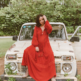 Purpdrank - Spring Autumn Cotton Retro Embroidery Ethnic Red Dress V-Neck Long Skirt Grassland Desert Seaside Vacation Long-Sleeved Dress