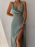 Purpdrank - Thin New Strap Sexy Backless Wrap Midi Dress Slit Gown Outfits Women Draped Dresses Elegant Club Party Vestidos