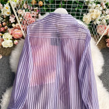 Purpdrank - 2023 Spring Summer New Fashion Striped Shirt Women's Ruffled Loose Thin Long Sleeve Shirt Tops  Blouse