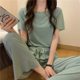 Purpdrank - Summer Suit for Women French Solid Color Ice Silk Sleepwear Pajamas Two Piece Set Home Wear Nightwear Comfortable Pyjamas