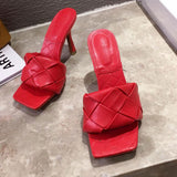 Purpdrank - New Brand Women Slippers Square Toe High Heels Weave Leahter Women Sandals Stiletto Heel Ladies Dress Slides Shoes Big Size 41