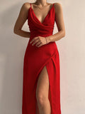 Purpdrank - Thin New Strap Sexy Backless Wrap Midi Dress Slit Gown Outfits Women Draped Dresses Elegant Club Party Vestidos