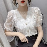 Purpdrank - Lace Tops Women Pearls V-neck Chiffon Short Sleeve Shirt flower Blouse Printed Floral Transparent Women Sexy Crop Top Blouses