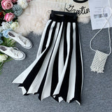 Purpdrank - Women's Knit Skirt Striped Color Blocked Autumn High Waist elastic A-line Big Swing Skirts Japan Harajuku Female Falda