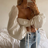 Purpdrank - White Balloon Sleeve Elegant Women Top and Blouse Shirts Autumn Sexy Backless Crop Tops Solid Fashion Blusas