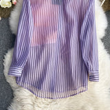 Purpdrank - 2023 Spring Summer New Fashion Striped Shirt Women's Ruffled Loose Thin Long Sleeve Shirt Tops  Blouse