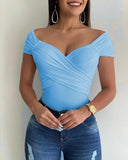 Purpdrank - Blouse Women V Neck Shrot Sleeve Shirts Summer Elegant Office Ladies Slim Fit Off Shoulder Solid Color Womens Sexy Tops