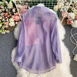 Purpdrank - 2023 Spring Summer New Fashion Striped Shirt Women's Ruffled Loose Thin Long Sleeve Shirt Tops  Blouse