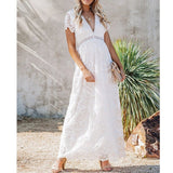 Purpdrank - Summer Boho Women Maxi Dress Embroidery Short Sleeve Vocation Sexy White Lace Tunic Long Beach Dress