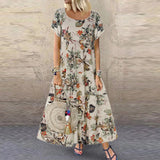 Purpdrank - Hot Sales Vintage Floral Long Dress Women Summer Elegant Linen Short Sleeve Boho Maxi Dress Female Holiday Sundress Party Dresses Vestidos