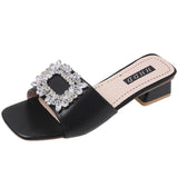 Purpdrank - Square heel Med Shoes Woman Glitter Slides Slippers Summer Fashion Pantofle Block Jelly Luxury New Rubber Crystal Hoof Heel