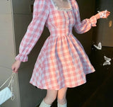 Purpdrank - Japanese Autumn Women Mini Lolita Dress Square Collar With Lace Pink Plaid Beading Dress Flare Sleeve Cute Kawaii Feminine Dress