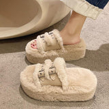 Purpdrank - Female Shoes Med Plush Slippers For Adults Slides Fashion Platform Flock Fur Luxury Flat Autumn Fabric