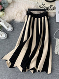 Purpdrank - Women's Knit Skirt Striped Color Blocked Autumn High Waist elastic A-line Big Swing Skirts Japan Harajuku Female Falda