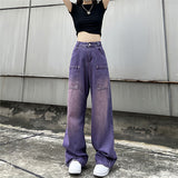 Purpdrank - Purple Baggy Jeans Women Boyfriend Style High Waist Gradient Color Washed Y2k Cargo Pants Mopping Straight Denim Trousers