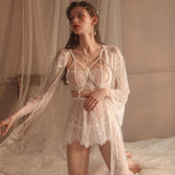 Purpdrank - Summer Women Pajamas Sexy Lace Embroidered Mesh Solid Color Sling Nightdress Robe Women's Homewear Set White