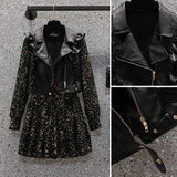 Purpdrank - Vest Coat Women Faux Leather Vests and Long Sleeve Short Dresses New Jacket Women Sets Black Coat Female Two Piece Set