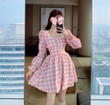 Purpdrank - Japanese Autumn Women Mini Lolita Dress Square Collar With Lace Pink Plaid Beading Dress Flare Sleeve Cute Kawaii Feminine Dress