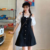 Purpdrank - Korean Style Casual Tank Dress Women Kpop Kawaii Puff Sleeve Short Dresses Summer Streetwear Patchwork