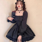 Purpdrank - White Lolita Dress Kawaii Vinatge Long Sleeve Mini Dresses Black Gothic Bandage Lace Patchwork Streetwear Square Collar