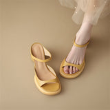 Purpdrank - Women Genuine Leather Sandals Round Toe Platform Slides Round High Heel Casual Ladies Slippers Summer Yellow Beige