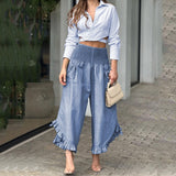 Purpdrank - Summer Spring Crop Top Ruffles Wide Leg Long Pants Set Outfits Two Pieces Shirt Women 2023 Casual Fashion Suit Button