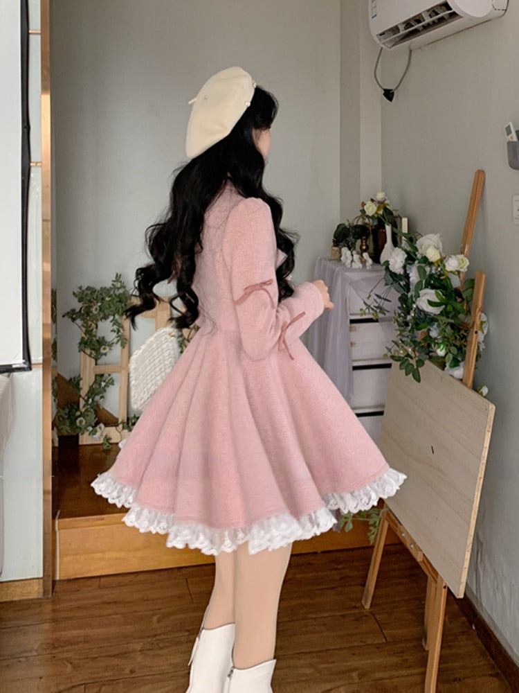 Warm Winter Pink Sweet Elegant Dress Women Lace Korean Style Party