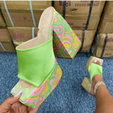 Purpdrank - Summer Graffiti Triangle Thick Heel Slippers Sexy Street Womens Shoes Party Peep Toe Dress Shoes Square Toe Platform Sandals 43