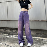 Purpdrank - Purple Baggy Jeans Women Boyfriend Style High Waist Gradient Color Washed Y2k Cargo Pants Mopping Straight Denim Trousers