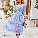 Purpdrank - 2023 Summer Women Floral Chiffon Dress Vintage Floral Print Slit Belted Ruffle Wrap Dress Sundress