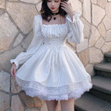 Purpdrank - White Lolita Dress Kawaii Vinatge Long Sleeve Mini Dresses Black Gothic Bandage Lace Patchwork Streetwear Square Collar