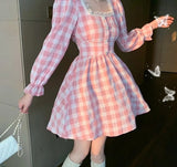 Purpdrank - Japanese Autumn Women Mini Lolita Dress Square Collar With Lace Pink Plaid Beading Dress Flare Sleeve Cute Kawaii Feminine Dress